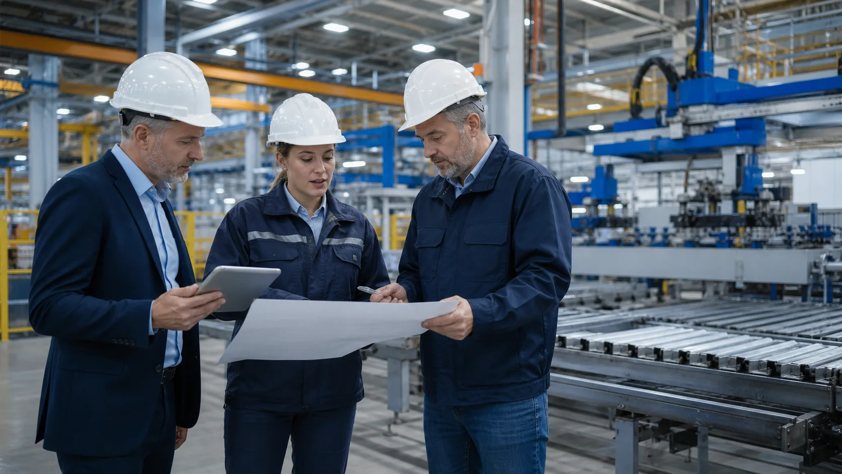 Equipo industrial analizando producción y tecnología en una planta nacional